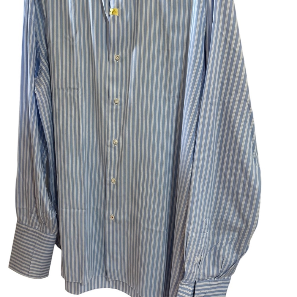 Isaia Napoli Dress Shirt Blue White Striped Size 17.5 | 44 FRENCH CUFFS